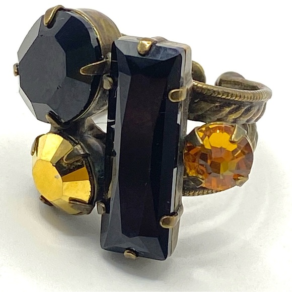 SORRELLI Cocktail Ring Rhinestone Crystal Prong Set Adjustable Antique Gold Tone - Picture 5 of 5